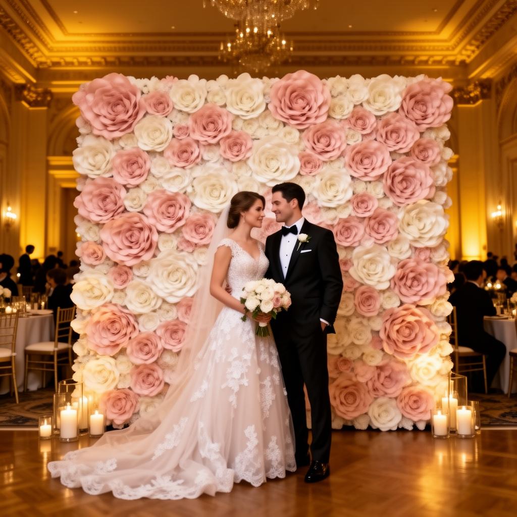 Couple posing in front of a blush and ivory flower wall at a Boston rooftop wedding
