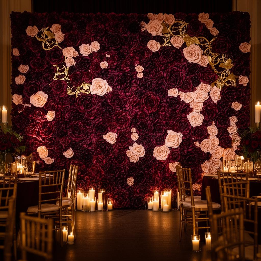 Dramatic burgundy and blush rose wall with gold accents at an evening reception