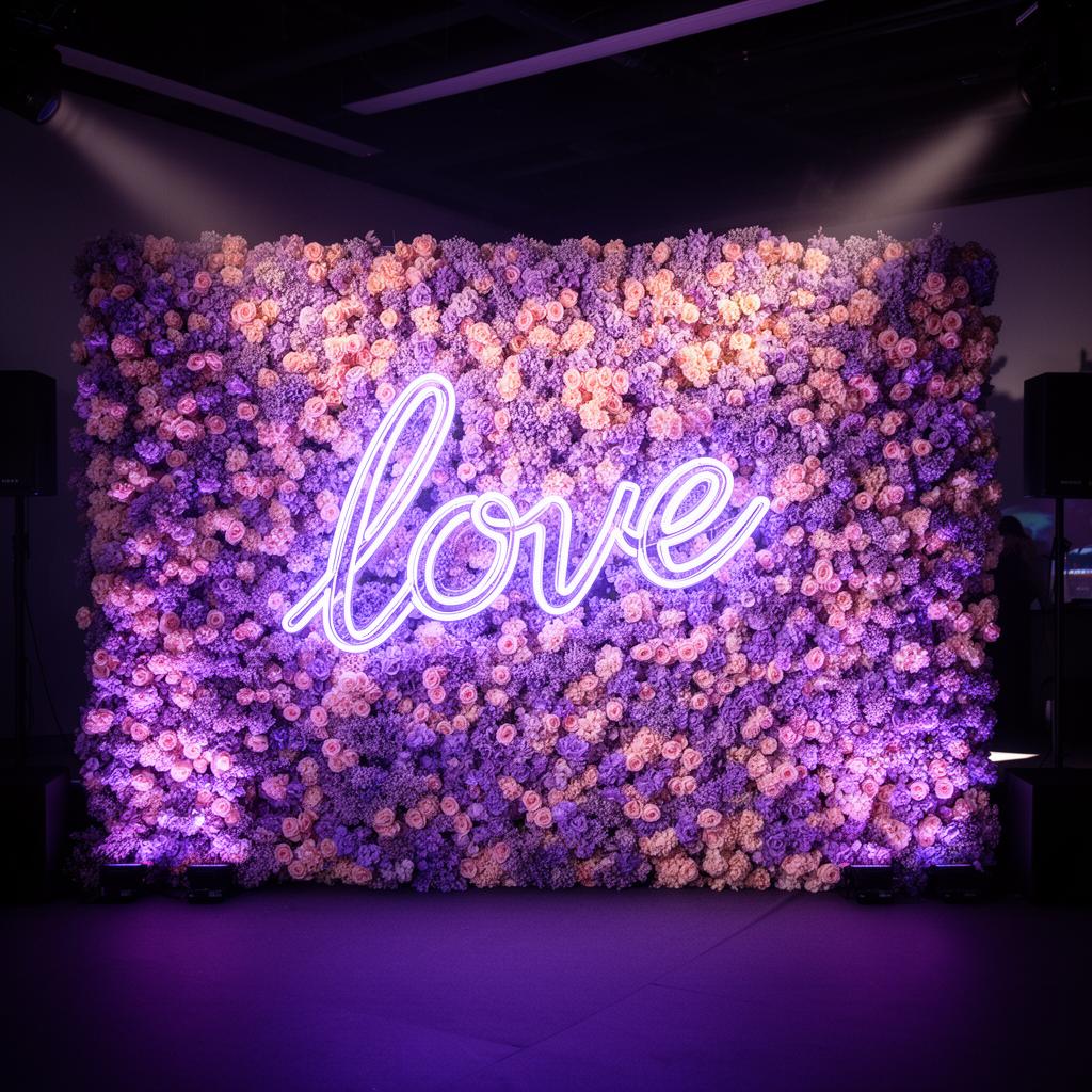 Custom brand activation flower wall in lavender and blush with modern neon signage