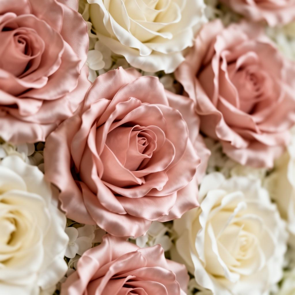 Close-up detail of premium blush and ivory silk roses showing realistic petal texture