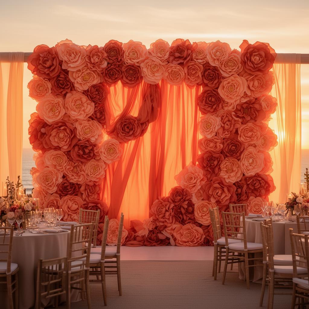 Warm coral and terracotta silk flower wall glowing in golden hour light at a sunset reception